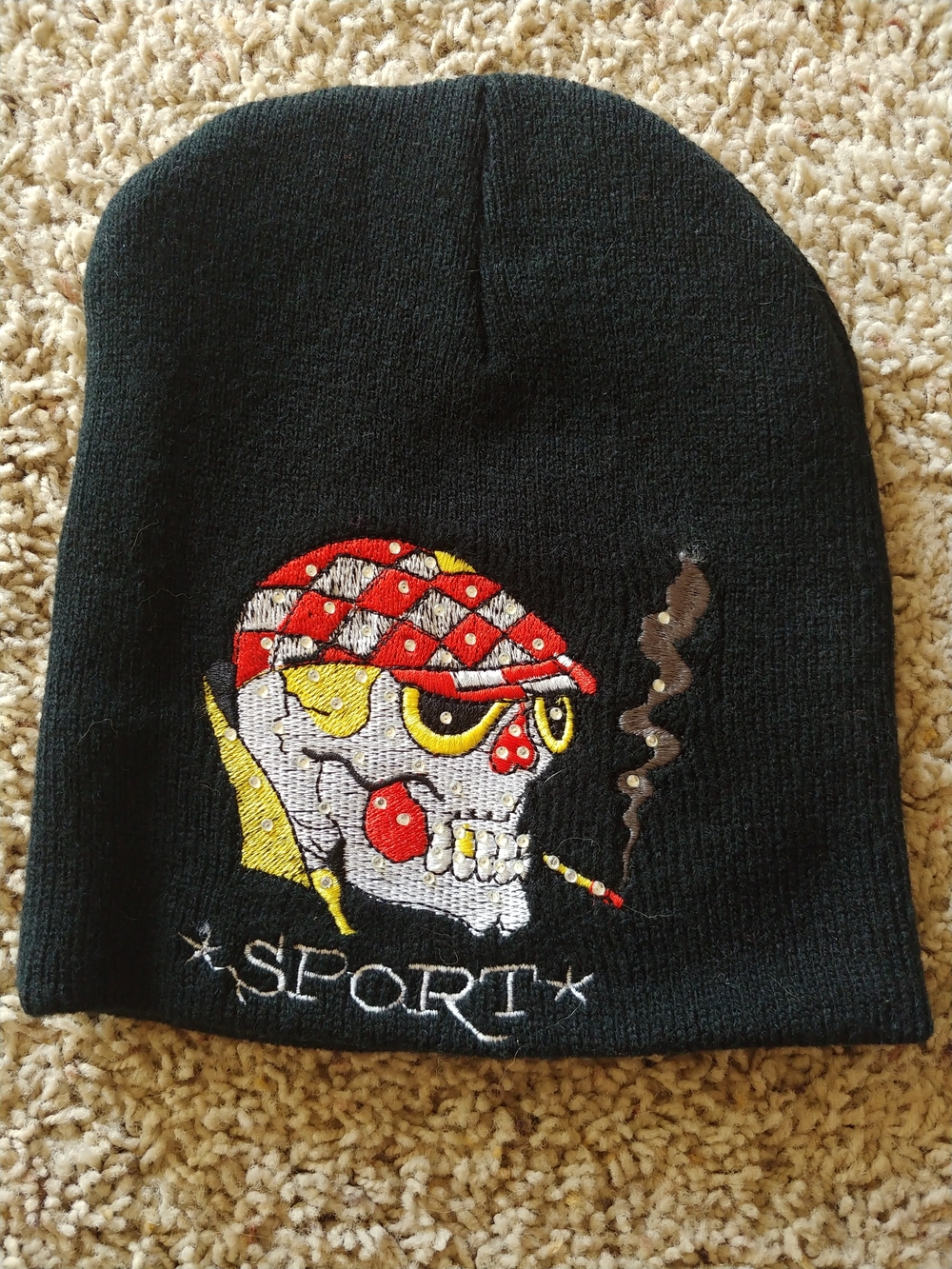 Sporto Black Knit Beanie with Colorful Skull Embroidery